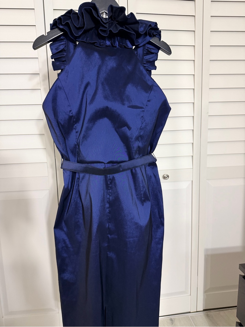 Mieka Satin Ruffle V-Neck Midi Dress in Royal Blue - Picture 3 of 5